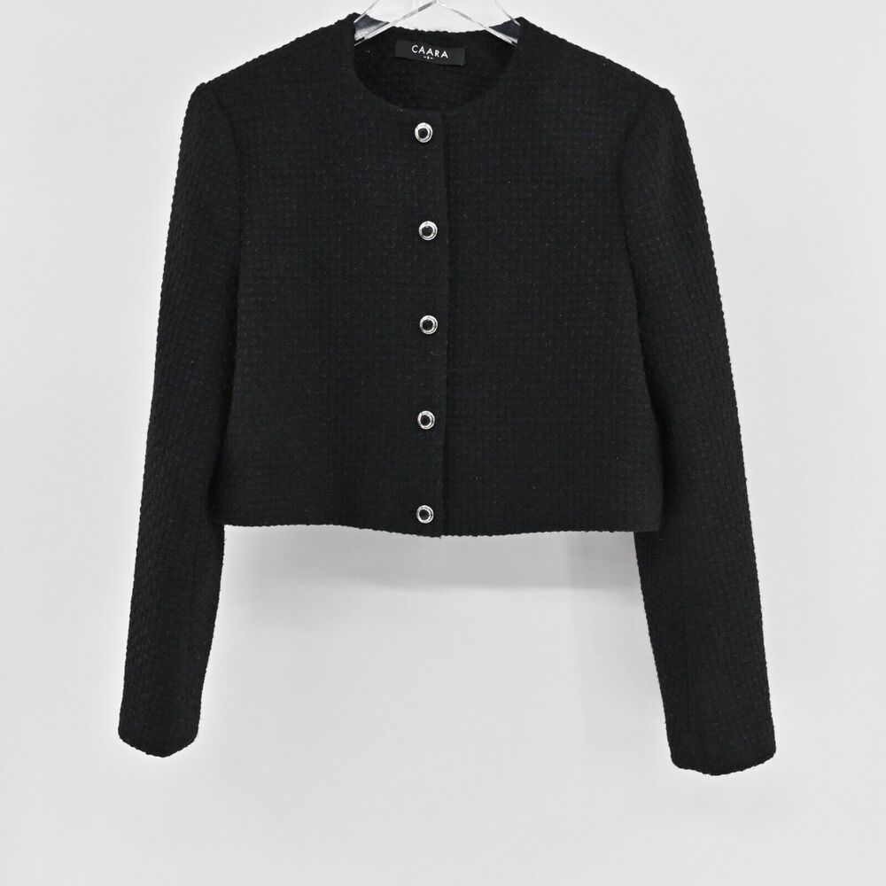 CAARA Jacket Womens Sz S Black Wool Blazer Tweed Cropped Button Front Retro Chic